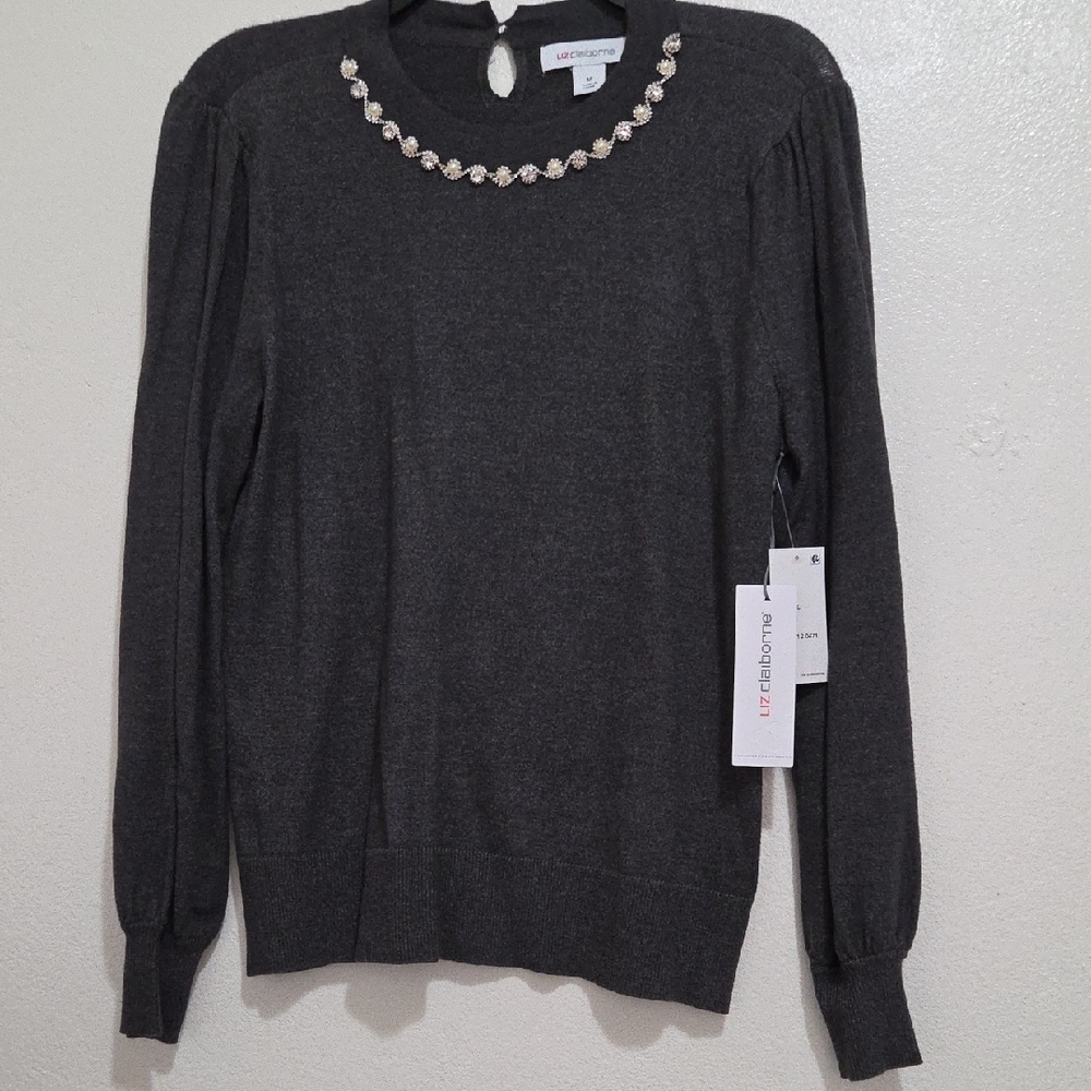 Liz Claiborne Dark Gray Medium Sweater with Jewel Neckline